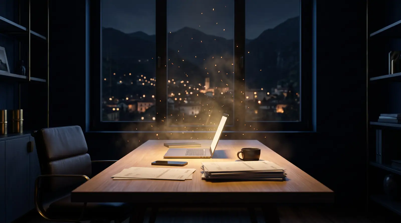 La scrivania di un ufficio di notte, accesa da una luce dorata: un portatile aperto, documenti e un telefono; fuori, le luci del paese sotto le montagne.
