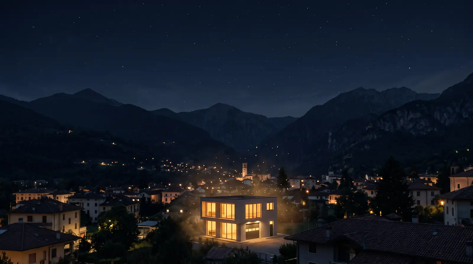 Un piccolo edificio d’uffici acceso di luce dorata, di notte, fra le case di un paese sotto le montagne.