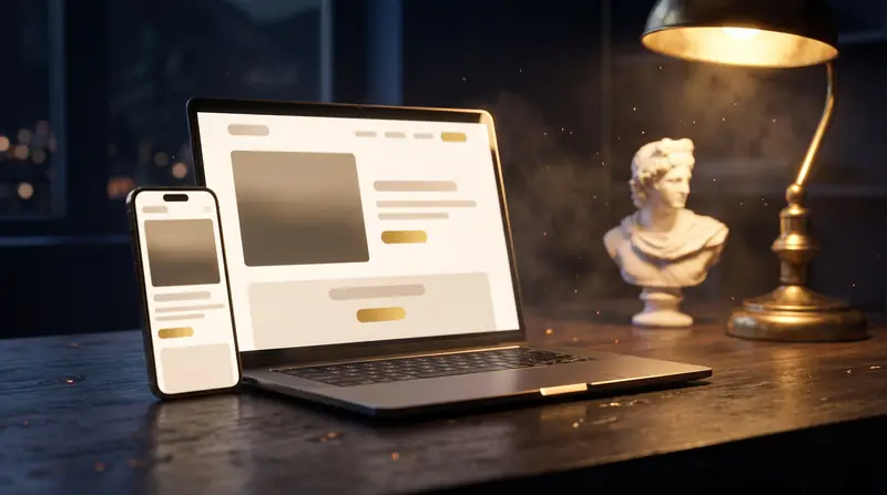 Un portatile e un telefono che mostrano un sito web, accanto a un busto di marmo e a una lampada d’ottone.